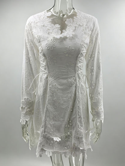 White Eyelet Lace Mini Dress For Women - Boho V Neck Long Sleeve Side Lace-up Fit And Flare Dress - Spring Resort 2026