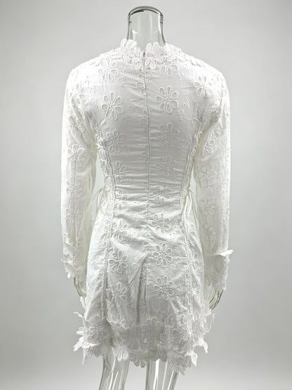 White Eyelet Lace Mini Dress For Women - Boho V Neck Long Sleeve Side Lace-up Fit And Flare Dress - Spring Resort 2026