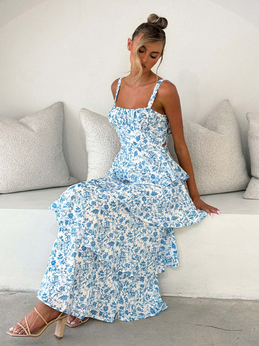 Floral Printed Ruffle Maxi Slip Dress For Women - Boho Tiered A-Line Strappy Sun Dress - Summer Beach Vacation 2026