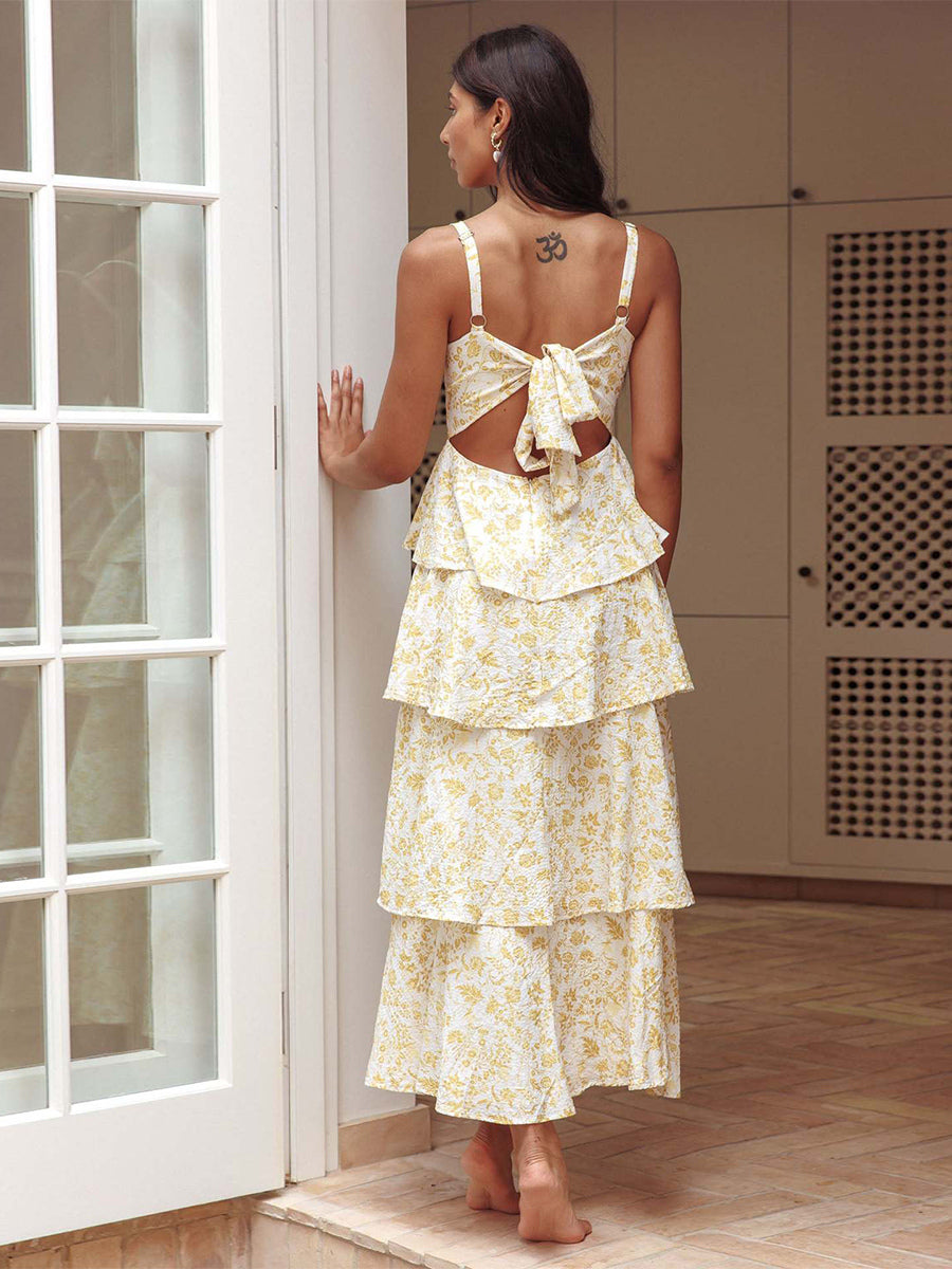 Floral Printed Ruffle Maxi Slip Dress For Women - Boho Tiered A-Line Strappy Sun Dress - Summer Beach Vacation 2026