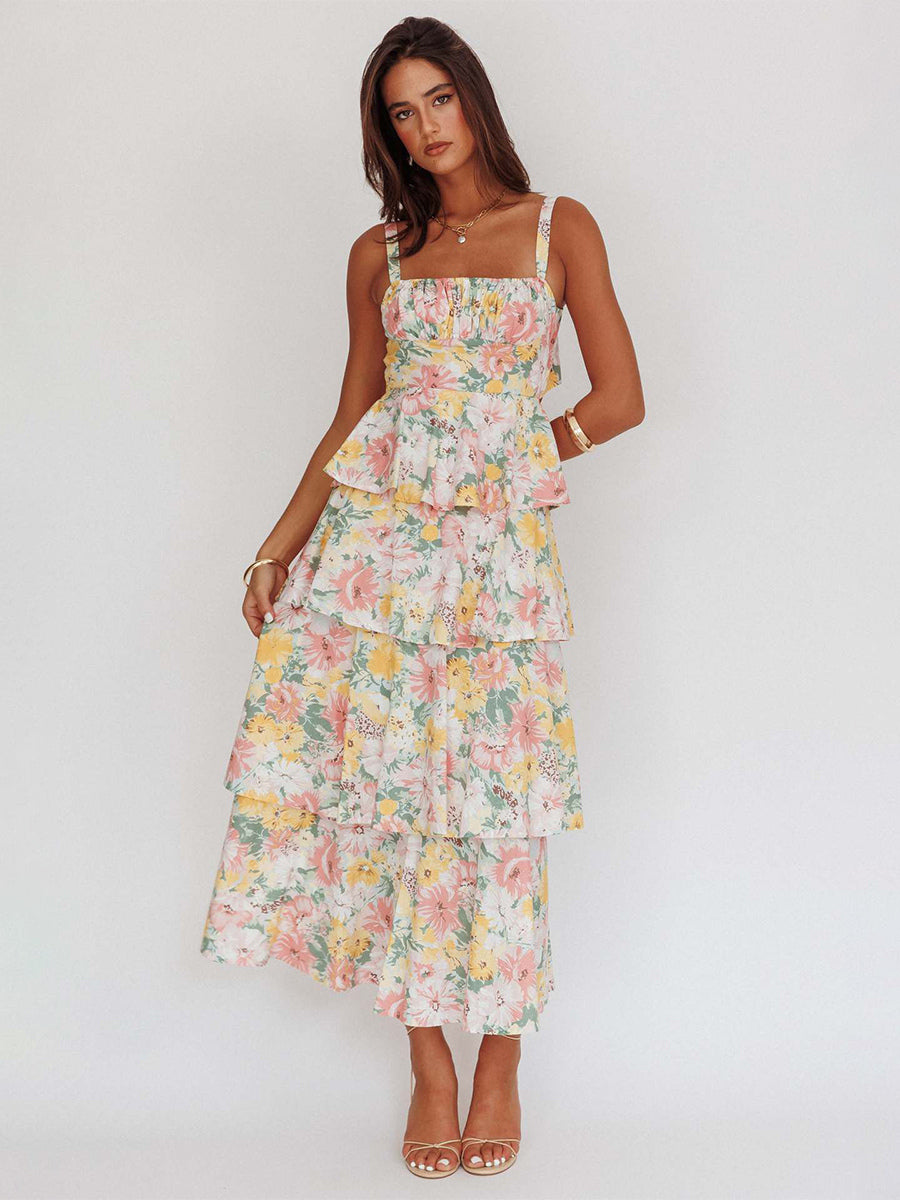 Floral Printed Ruffle Maxi Slip Dress For Women - Boho Tiered A-Line Strappy Sun Dress - Summer Beach Vacation 2026