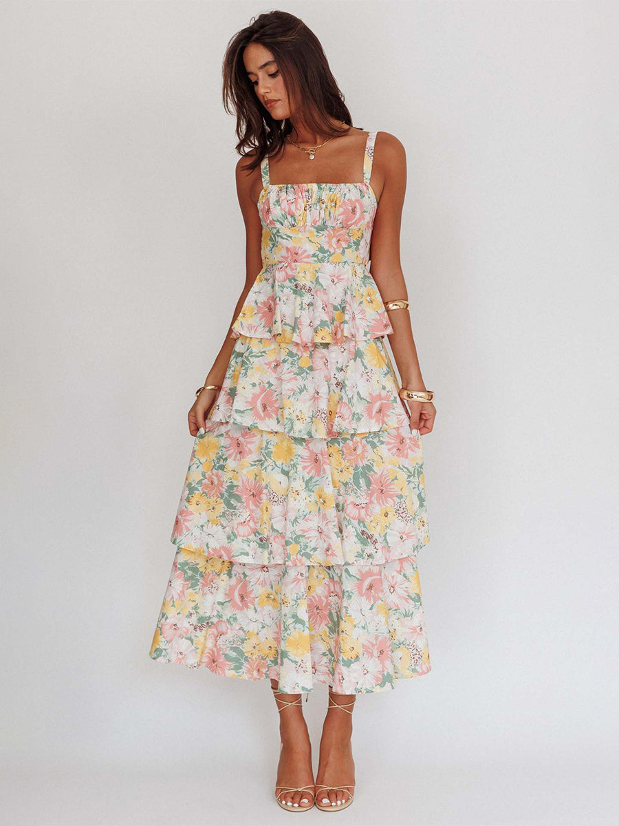 Floral Printed Ruffle Maxi Slip Dress For Women - Boho Tiered A-Line Strappy Sun Dress - Summer Beach Vacation 2026