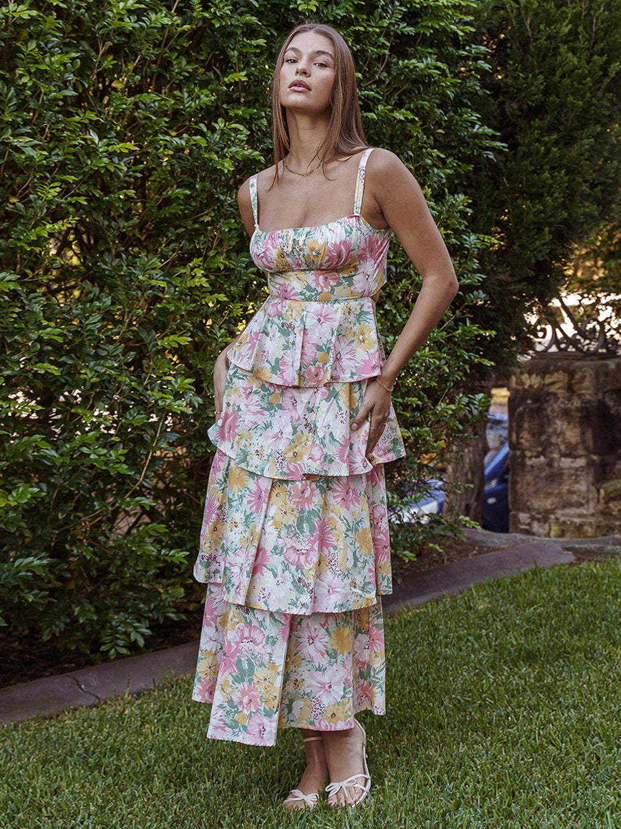 Floral Printed Ruffle Maxi Slip Dress For Women - Boho Tiered A-Line Strappy Sun Dress - Summer Beach Vacation 2026