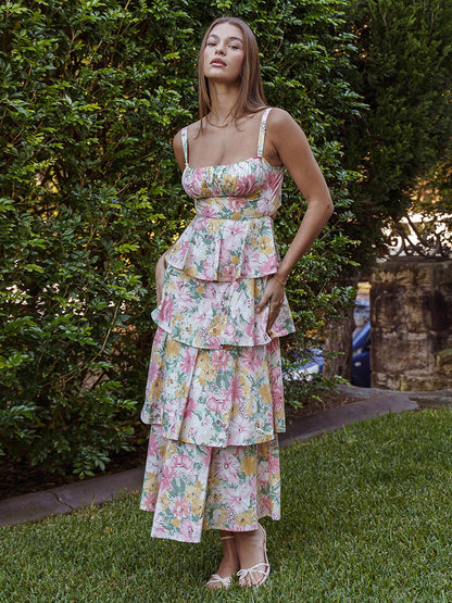 Floral Printed Ruffle Maxi Slip Dress For Women - Boho Tiered A-Line Strappy Sun Dress - Summer Beach Vacation 2026