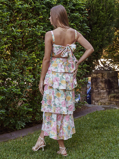 Floral Printed Ruffle Maxi Slip Dress For Women - Boho Tiered A-Line Strappy Sun Dress - Summer Beach Vacation 2026