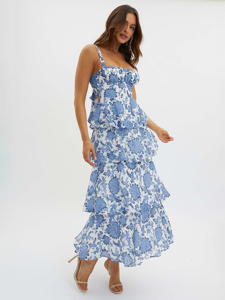 Floral Printed Ruffle Maxi Slip Dress For Women - Boho Tiered A-Line Strappy Sun Dress - Summer Beach Vacation 2026
