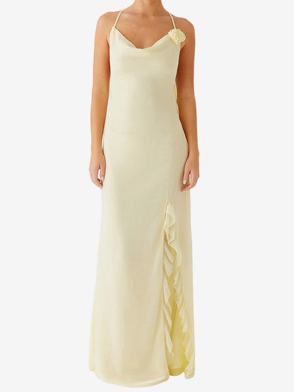 Backless Ruffle Maxi Dress For Women - Cowl Neck Strappy Sleeveless Gown With 3D Flower - Summer Formal Prom 2026