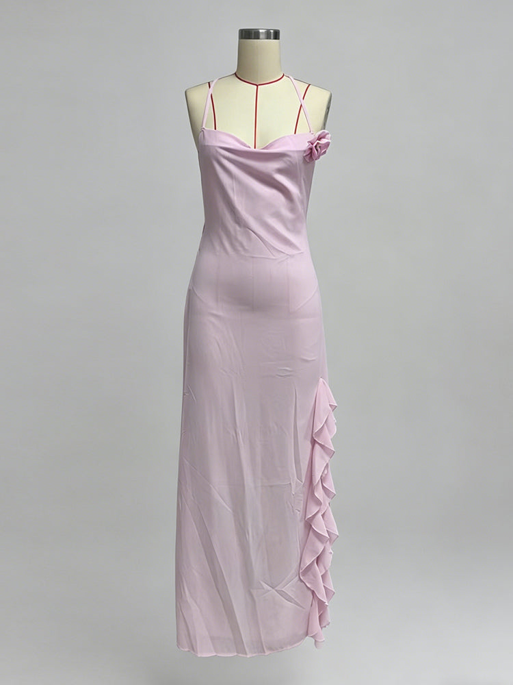 Backless Ruffle Maxi Dress For Women - Cowl Neck Strappy Sleeveless Gown With 3D Flower - Summer Formal Prom 2026
