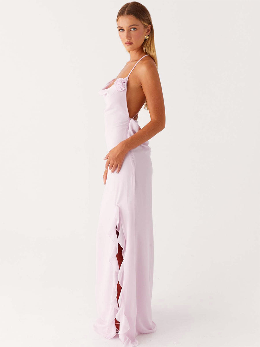 Backless Ruffle Maxi Dress For Women - Cowl Neck Strappy Sleeveless Gown With 3D Flower - Summer Formal Prom 2026