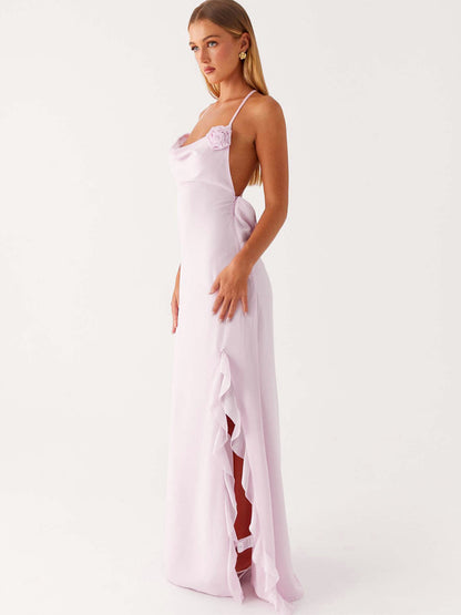 Backless Ruffle Maxi Dress For Women - Cowl Neck Strappy Sleeveless Gown With 3D Flower - Summer Formal Prom 2026