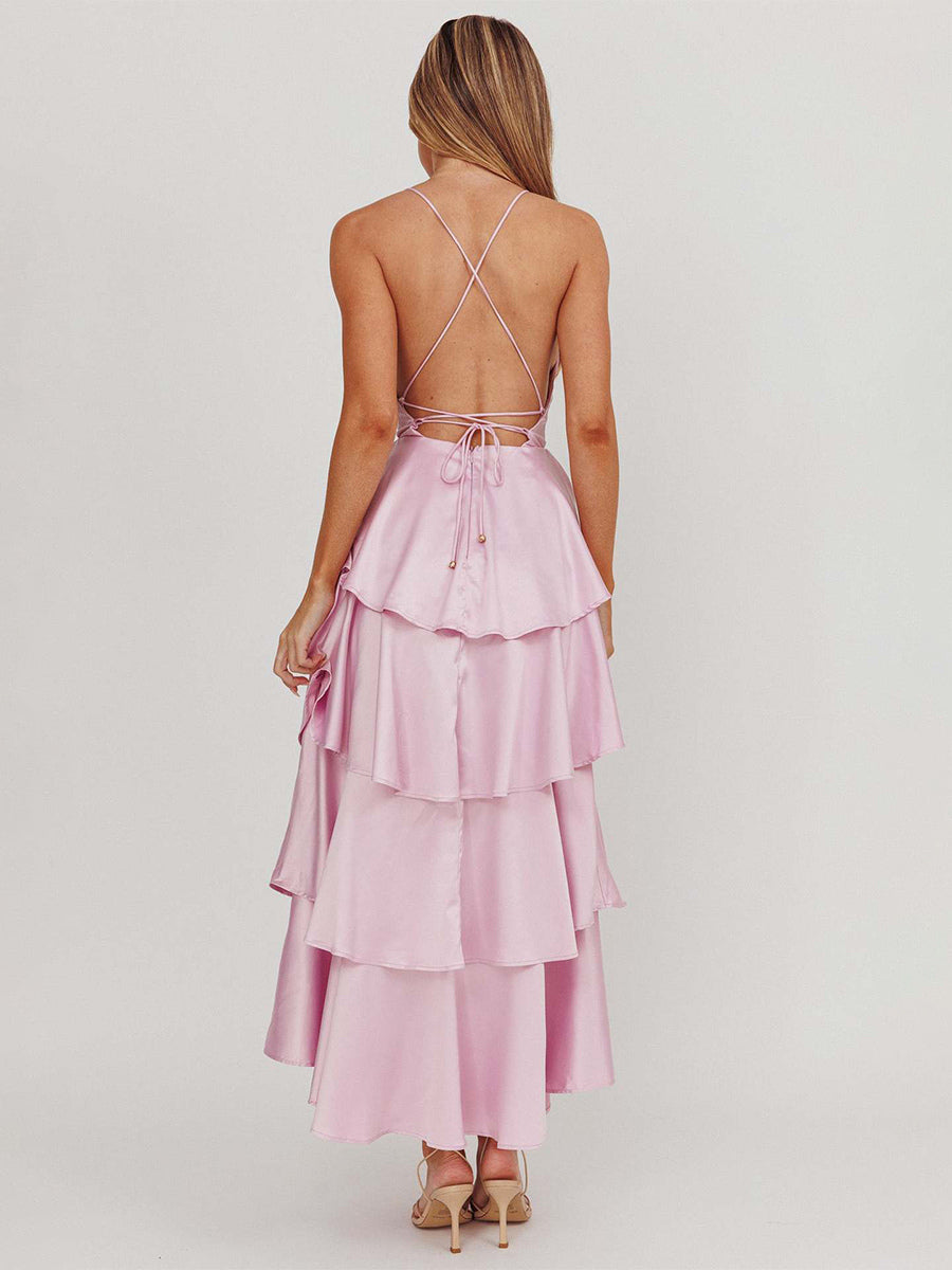 Deep V Neck Tiered Maxi Dress For Women - Satin Crisscross Backless Layered Ruffle Gown - Summer Formal Party 2026