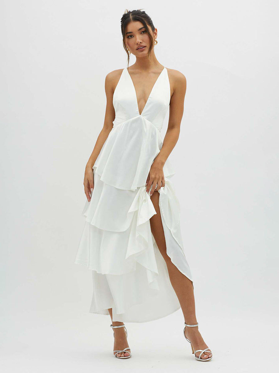 Deep V Neck Tiered Maxi Dress For Women - Satin Crisscross Backless Layered Ruffle Gown - Summer Formal Party 2026