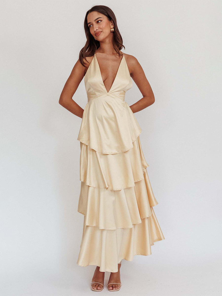 Deep V Neck Tiered Maxi Dress For Women - Satin Crisscross Backless Layered Ruffle Gown - Summer Formal Party 2026