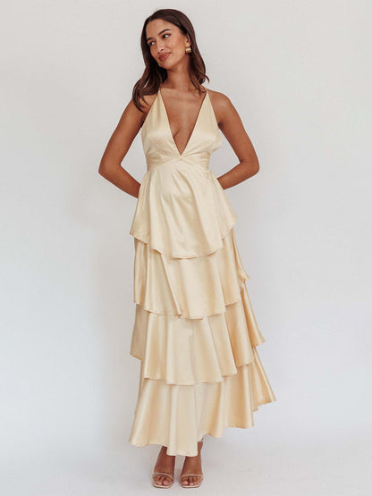 Deep V Neck Tiered Maxi Dress For Women - Satin Crisscross Backless Layered Ruffle Gown - Summer Formal Party 2026