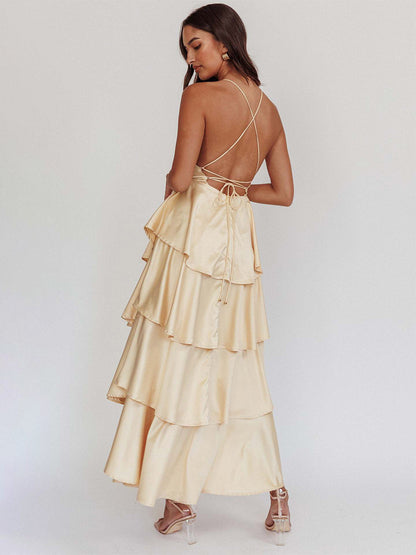 Deep V Neck Tiered Maxi Dress For Women - Satin Crisscross Backless Layered Ruffle Gown - Summer Formal Party 2026