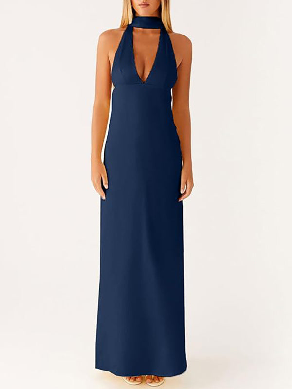 Minimalism Halter Neck Maxi Dress For Women - Elegant Backless Sleeveless Prom Gown With Scarf - Summer Formal Evening 2026