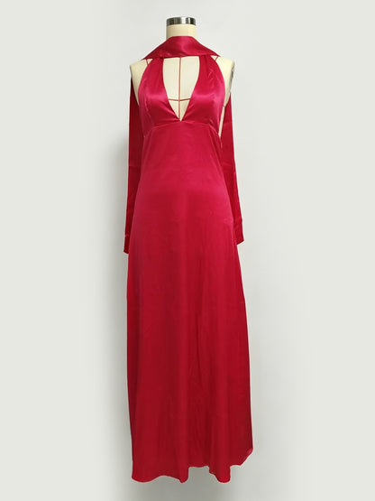 Minimalism Halter Neck Maxi Dress For Women - Elegant Backless Sleeveless Prom Gown With Scarf - Summer Formal Evening 2026