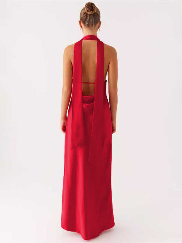 Minimalism Halter Neck Maxi Dress For Women - Elegant Backless Sleeveless Prom Gown With Scarf - Summer Formal Evening 2026