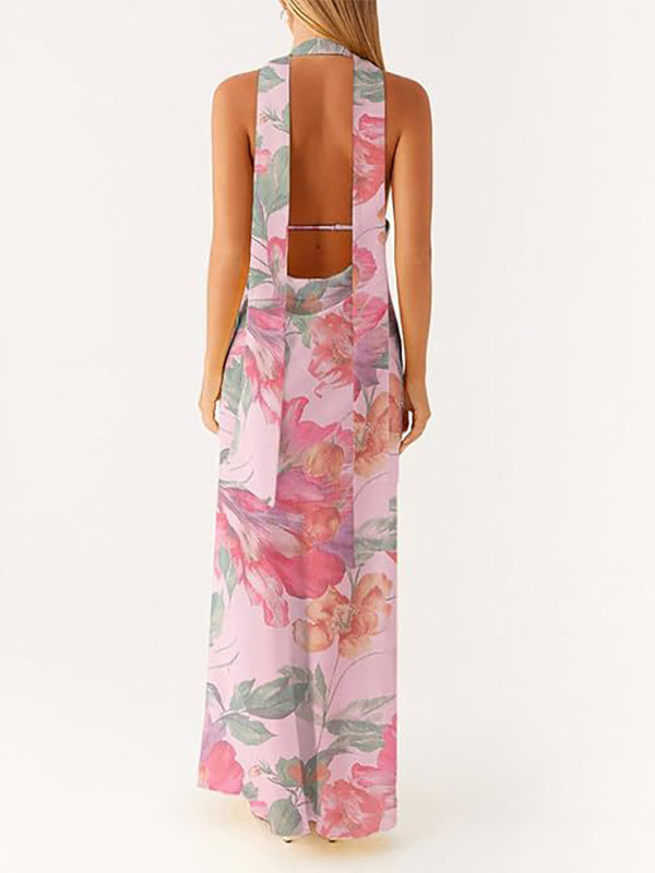 Minimalism Halter Neck Maxi Dress For Women - Elegant Backless Sleeveless Prom Gown With Scarf - Summer Formal Evening 2026