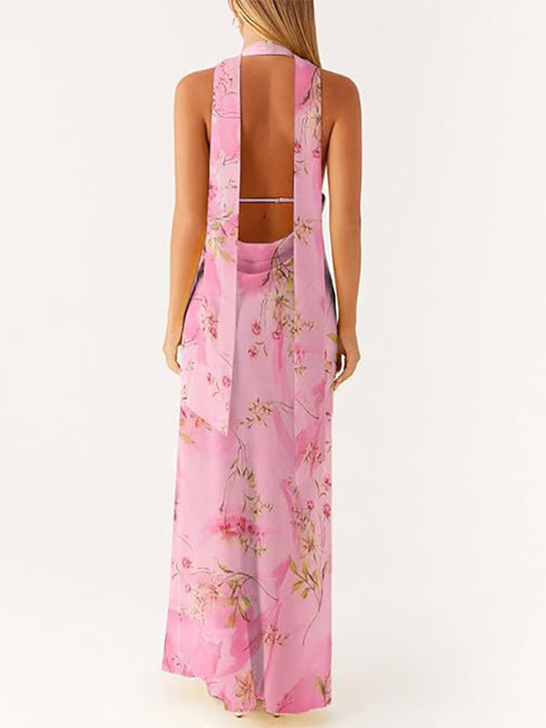 Minimalism Halter Neck Maxi Dress For Women - Elegant Backless Sleeveless Prom Gown With Scarf - Summer Formal Evening 2026