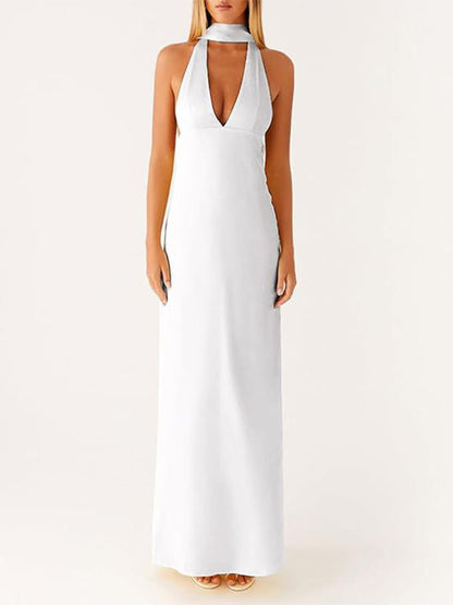 Minimalism Halter Neck Maxi Dress For Women - Elegant Backless Sleeveless Prom Gown With Scarf - Summer Formal Evening 2026