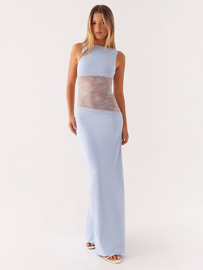 Lace Patchwork Maxi Gown For Women - Elegant Open Back Sleeveless Bodycon Long Dress - Summer Formal Evening Party 2026