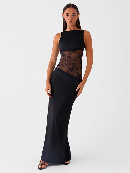 Lace Patchwork Maxi Gown For Women - Elegant Open Back Sleeveless Bodycon Long Dress - Summer Formal Evening Party 2026