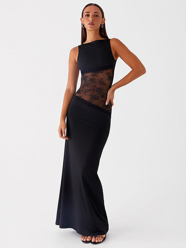 Lace Patchwork Maxi Gown For Women - Elegant Open Back Sleeveless Bodycon Long Dress - Summer Formal Evening Party 2026