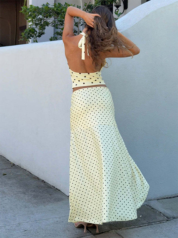Polka Dot Two Piece Set For Women - White Halter Cowl Neck Top And Ruffled Low High Maxi Skirt - Summer Beach Vacation 2026