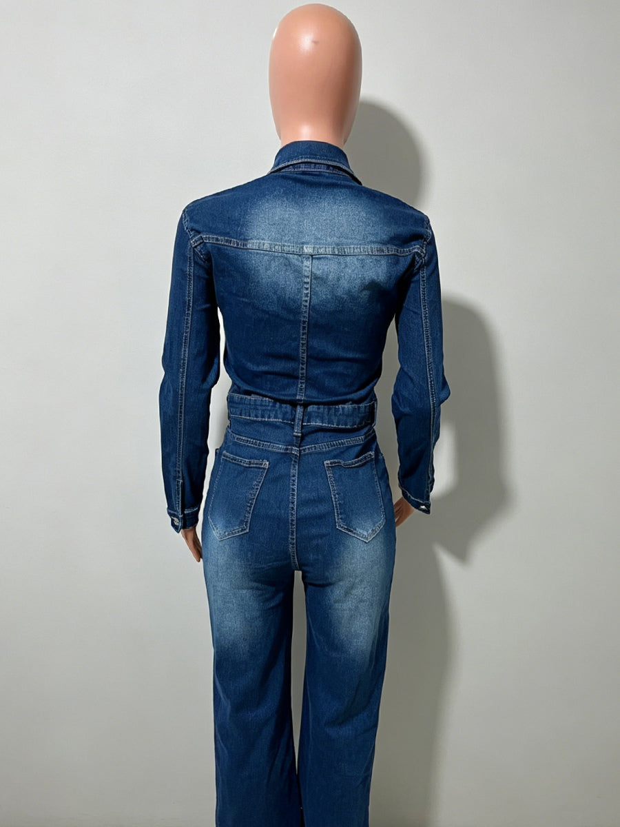 Long Sleeve Denim Jumpsuit For Women - Dark Wash Vintage Slim Fit Straight Leg Button Up Jean Romper - Spring Outdoor 2026