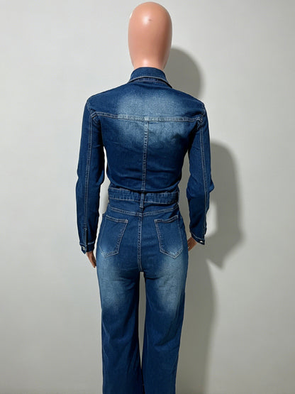 Long Sleeve Denim Jumpsuit For Women - Dark Wash Vintage Slim Fit Straight Leg Button Up Jean Romper - Spring Outdoor 2026
