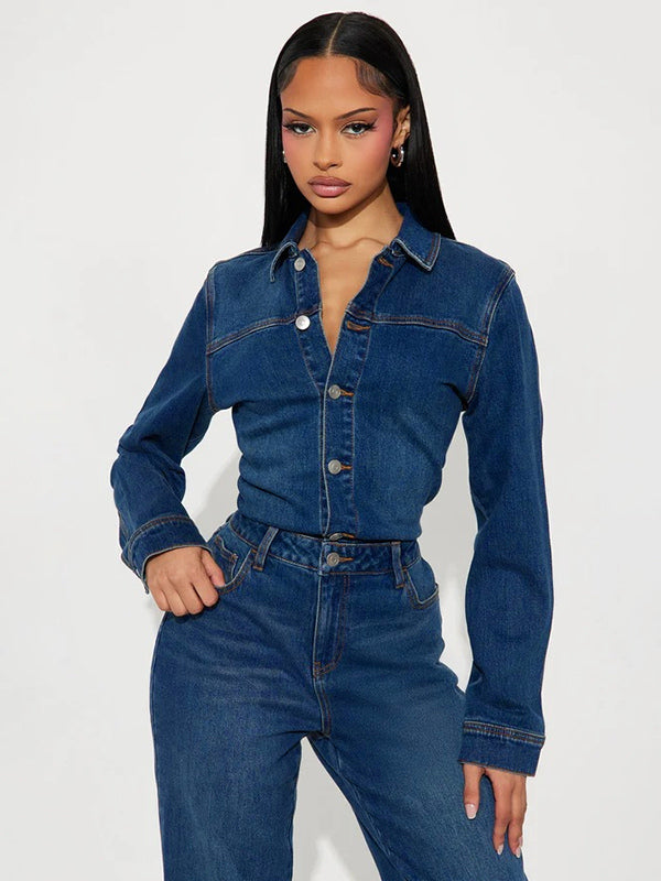 Long Sleeve Denim Jumpsuit For Women - Dark Wash Vintage Slim Fit Straight Leg Button Up Jean Romper - Spring Outdoor 2026