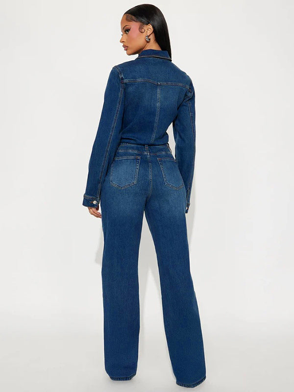 Long Sleeve Denim Jumpsuit For Women - Dark Wash Vintage Slim Fit Straight Leg Button Up Jean Romper - Spring Outdoor 2026