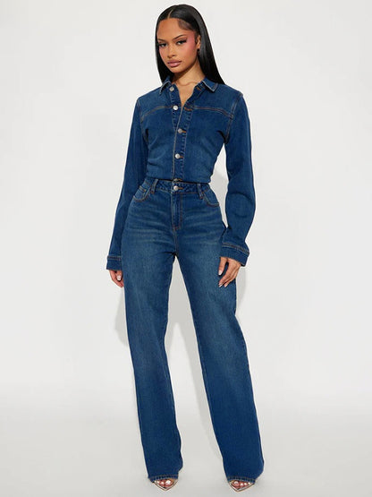 Long Sleeve Denim Jumpsuit For Women - Dark Wash Vintage Slim Fit Straight Leg Button Up Jean Romper - Spring Outdoor 2026