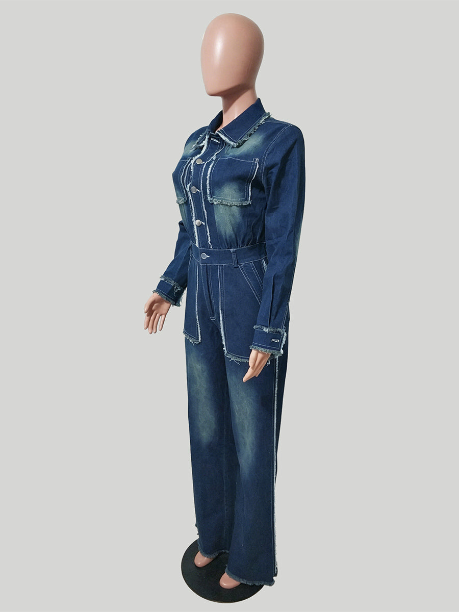Frayed Trim Denim Jumpsuit For Women - Raw Edge Distressed Wide Leg Bodycon Jean Romper - Spring Casual Streetwear 2026