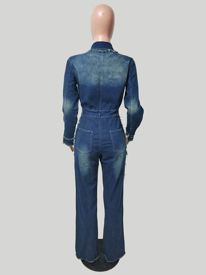 Frayed Trim Denim Jumpsuit For Women - Raw Edge Distressed Wide Leg Bodycon Jean Romper - Spring Casual Streetwear 2026