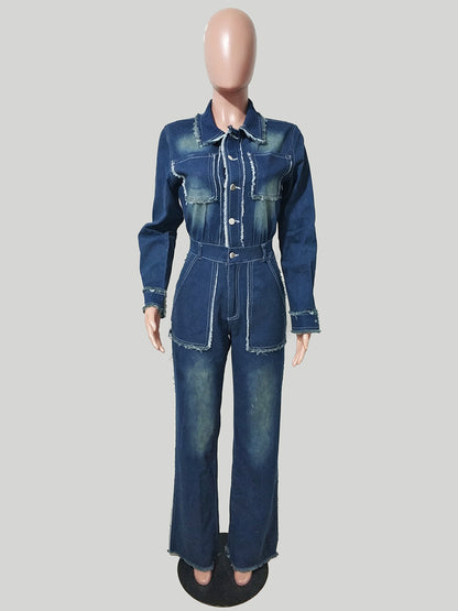 Frayed Trim Denim Jumpsuit For Women - Raw Edge Distressed Wide Leg Bodycon Jean Romper - Spring Casual Streetwear 2026