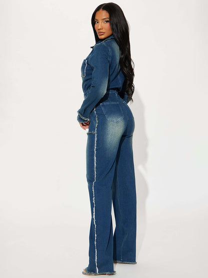 Frayed Trim Denim Jumpsuit For Women - Raw Edge Distressed Wide Leg Bodycon Jean Romper - Spring Casual Streetwear 2026