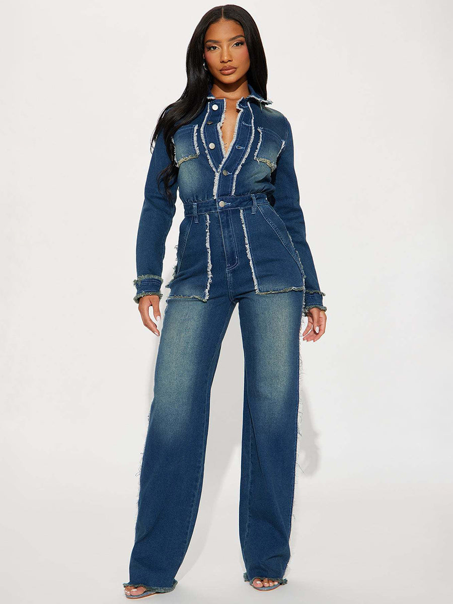 Frayed Trim Denim Jumpsuit For Women - Raw Edge Distressed Wide Leg Bodycon Jean Romper - Spring Casual Streetwear 2026