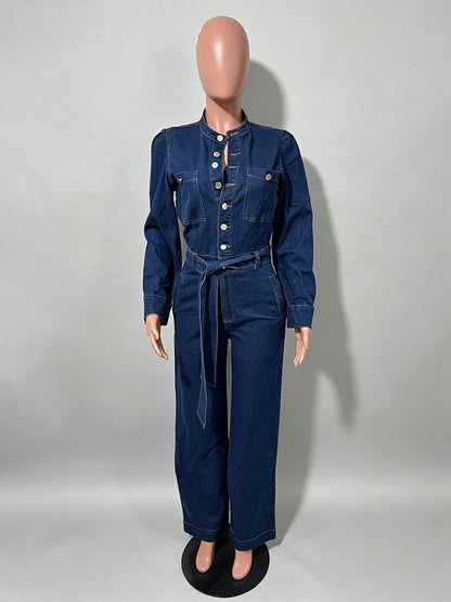 Puff Sleeve Denim Jumpsuit For Women - Dark Blue Retro Wide Leg Belted Button Front Romper - Spring Casual Party Wear 2026
