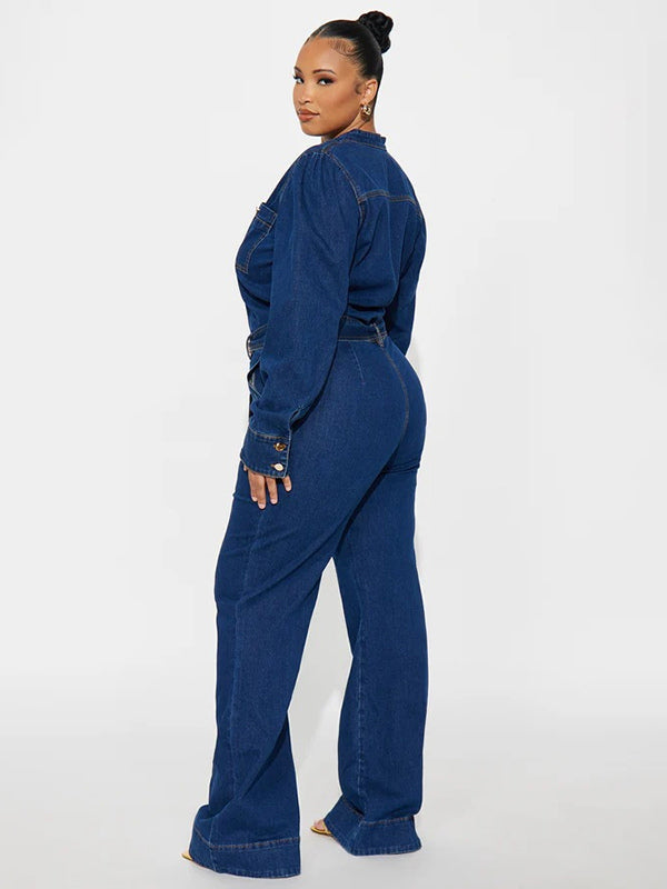 Puff Sleeve Denim Jumpsuit For Women - Dark Blue Retro Wide Leg Belted Button Front Romper - Spring Casual Party Wear 2026
