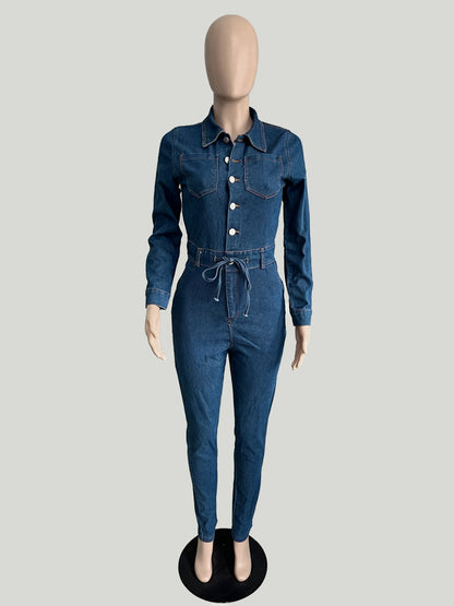 Skinny Denim Jumpsuit For Women - Dark Wash Sexy Bodycon Drawstring Waist Slim Fit Jean Romper - Spring Casual Club 2026