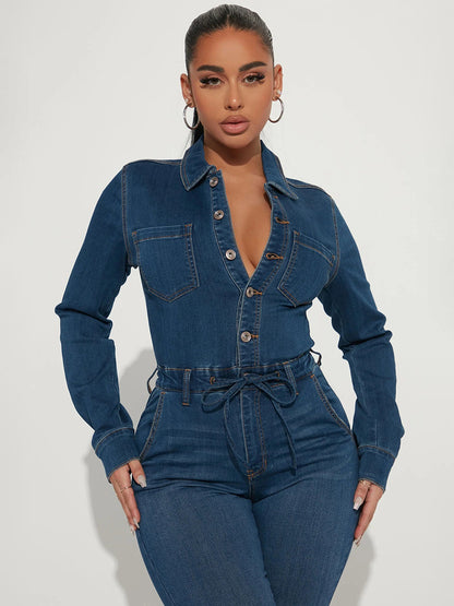Skinny Denim Jumpsuit For Women - Dark Wash Sexy Bodycon Drawstring Waist Slim Fit Jean Romper - Spring Casual Club 2026