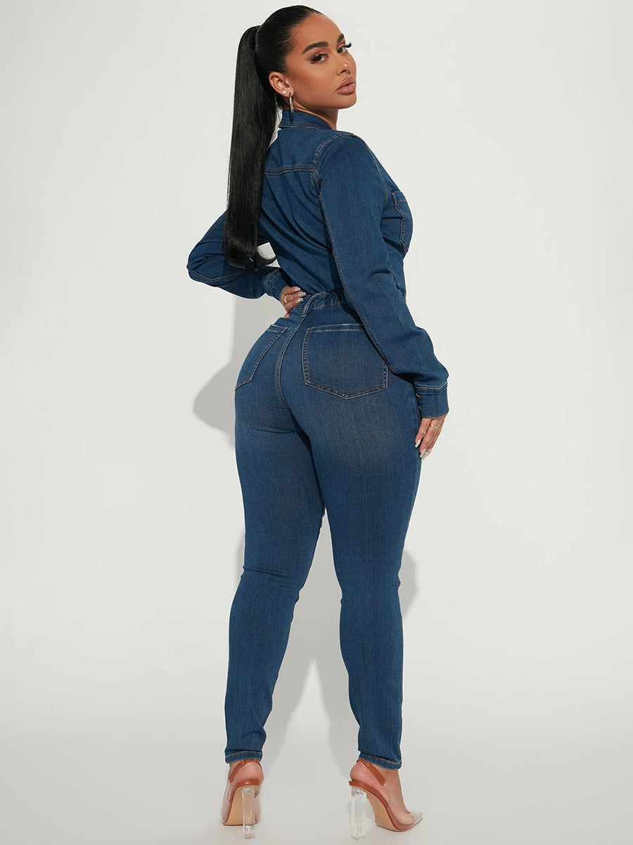 Skinny Denim Jumpsuit For Women - Dark Wash Sexy Bodycon Drawstring Waist Slim Fit Jean Romper - Spring Casual Club 2026