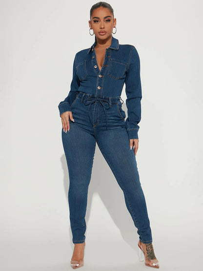 Skinny Denim Jumpsuit For Women - Dark Wash Sexy Bodycon Drawstring Waist Slim Fit Jean Romper - Spring Casual Club 2026