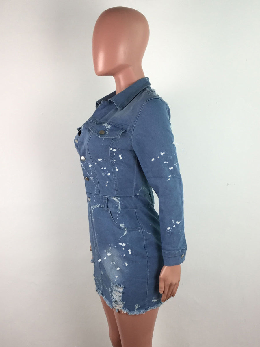 Distressed Denim Mini Dress For Women - Medium Blue Paint Splatter Bodycon Ripped Hem Jean Dress - Spring Night Out 2026