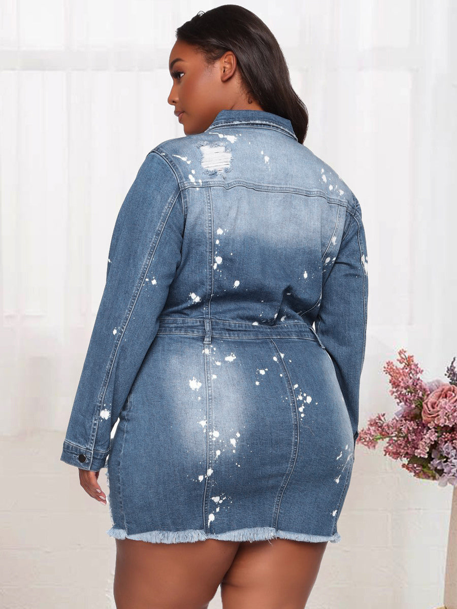 Distressed Denim Mini Dress For Women - Medium Blue Paint Splatter Bodycon Ripped Hem Jean Dress - Spring Night Out 2026