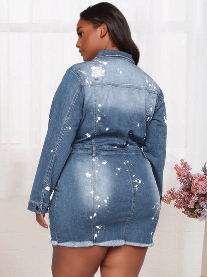 Distressed Denim Mini Dress For Women - Medium Blue Paint Splatter Bodycon Ripped Hem Jean Dress - Spring Night Out 2026