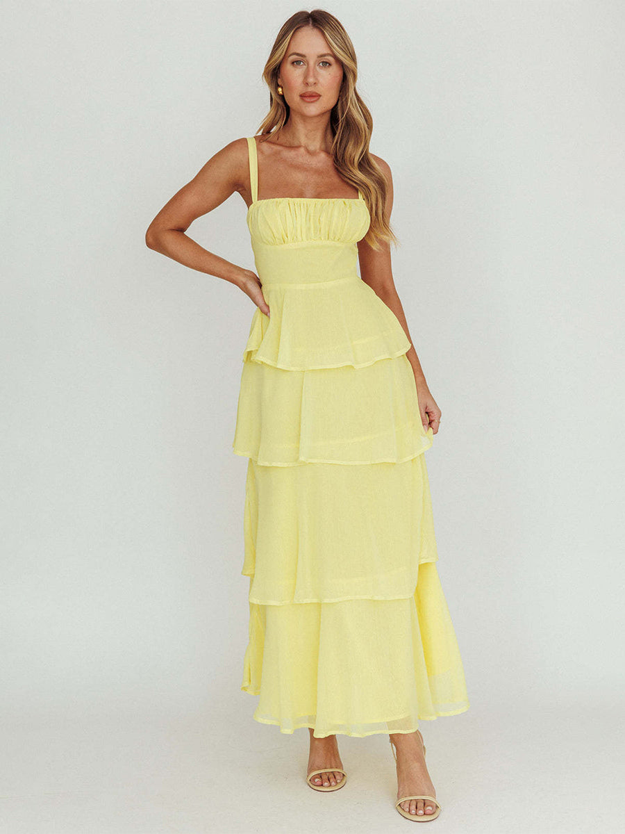Tiered Ruffle Maxi Slip Dress For Women - Fairycore Square Neck Tie Back A Line Gown - Summer Beach Wedding Guest 2026