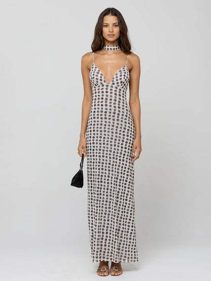 Polka Dot Slip Maxi Dress For Women - Vintage Deep V Neck Backless Bodycon Long Dress With Scarf - Summer Party Night 2026